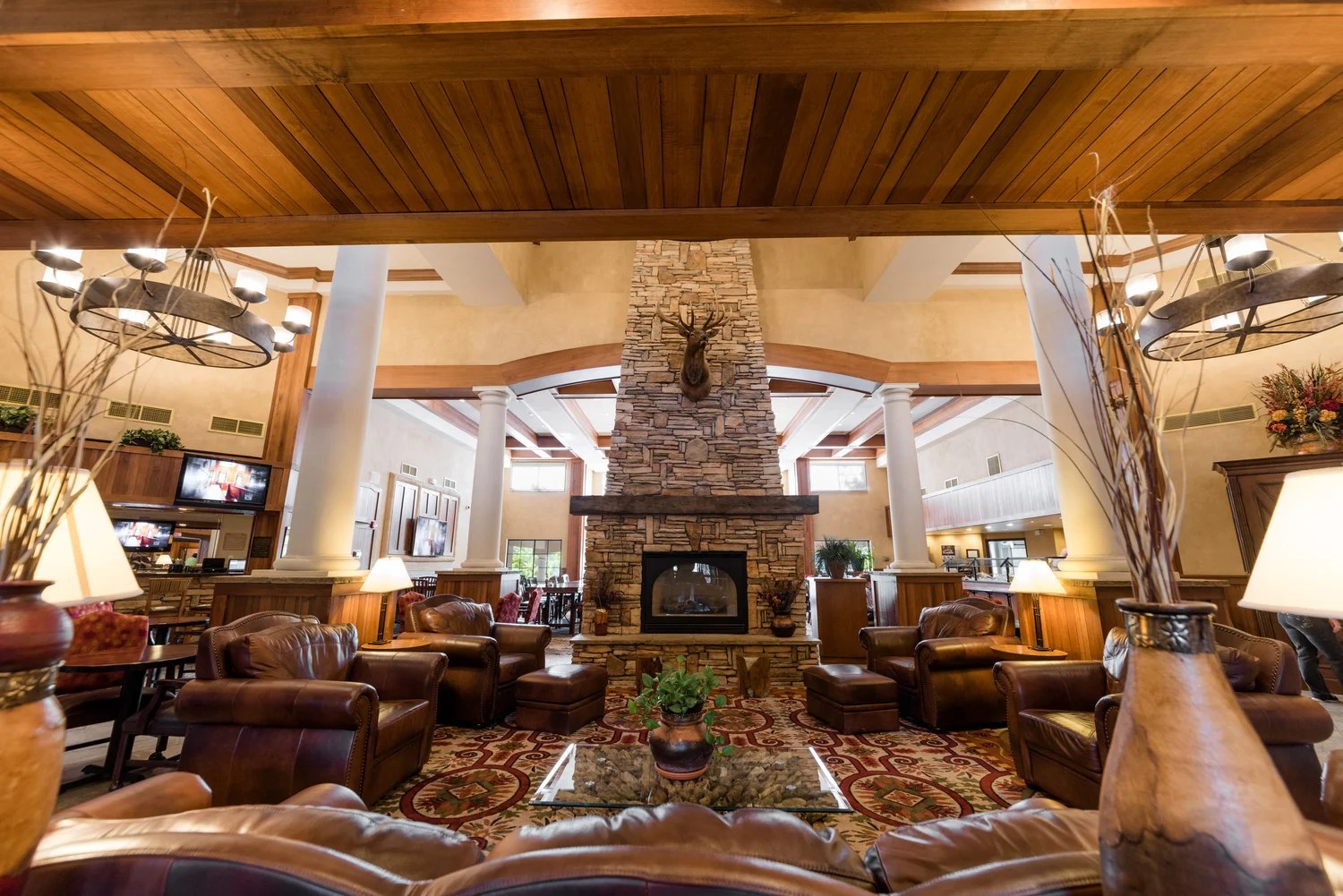 The hotel lobby, with seating areas and warm lighting.
